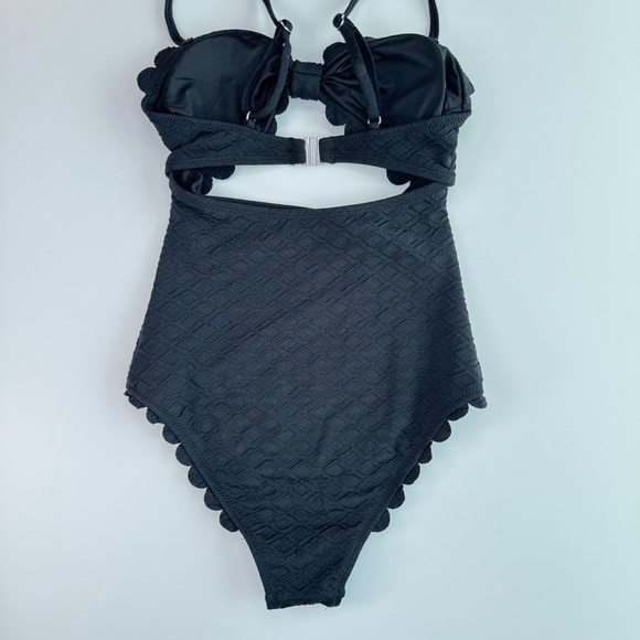 CUPSHE One Piece Swimsuit Black XS Cutout Scallop Trim Knotted Textured Swimwear - Picture 4 of 13